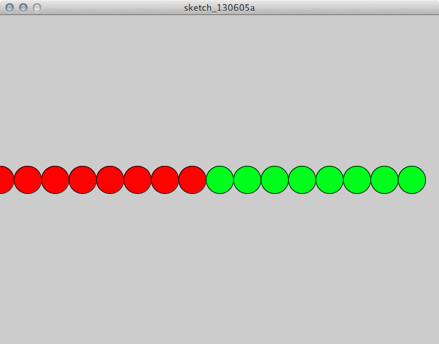 for文で使い繰り返し生成した値で円を描画しつつ，if文で位置に従い色分けしたコードの実行状態